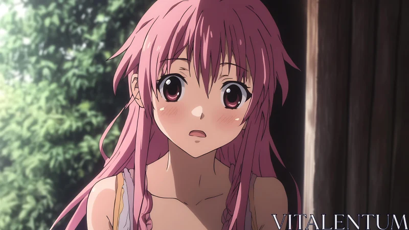 Pink haired anime girl looks surprised in outdoor lighting