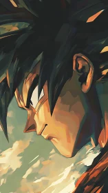 Anime warrior profile in stylized dramatic close-up.