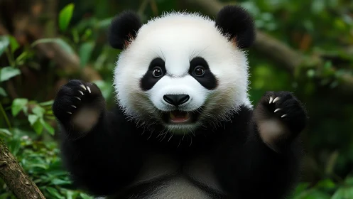 Playful baby panda raises its paws in lush green forest
