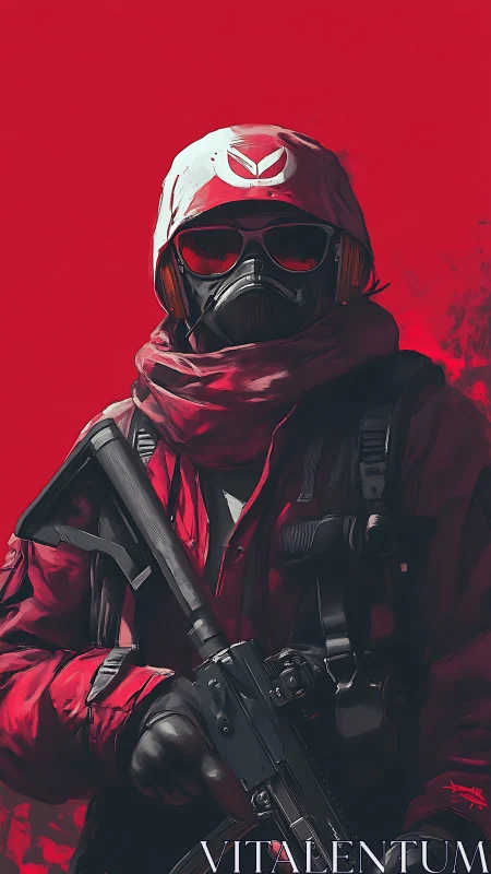 Crimson-clad tactical guardian stands ready against danger