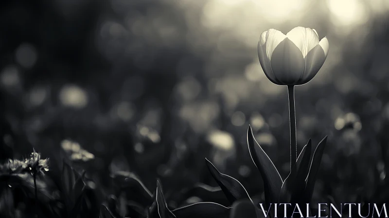 Monochrome tulip rendered in high-contrast shallow focus lighting