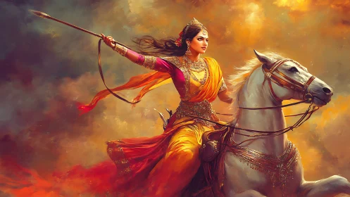 Warrior woman on white horse in bright orange haze.