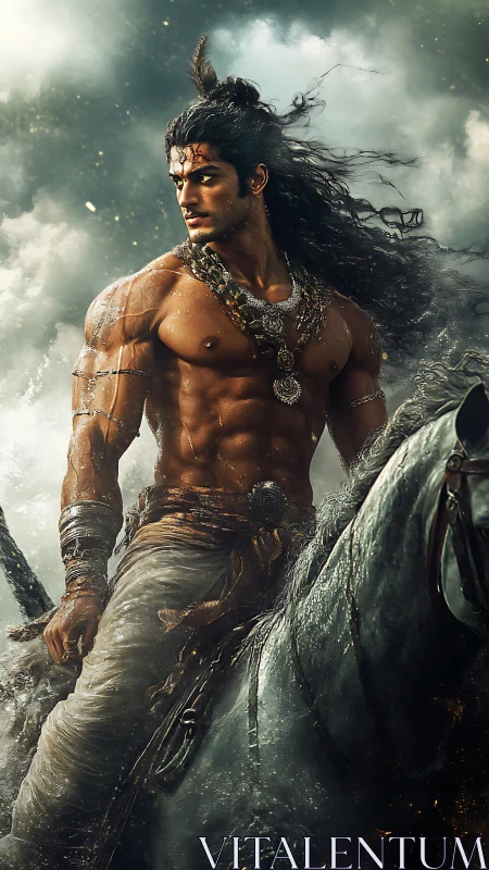 Storm-forged warrior astride a thundering battle steed.