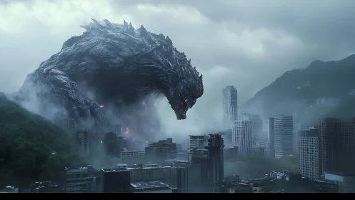 Gigantic reptilian creature above misty modern cityscape.