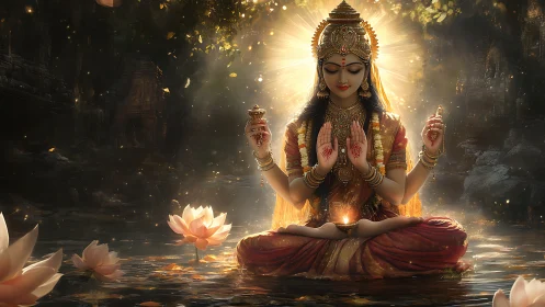 Divine goddess meditation over glowing lotus water temple.