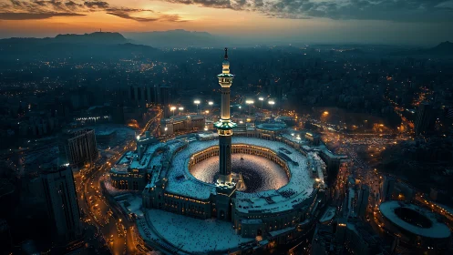 Golden evening over a glowing sacred city heart.