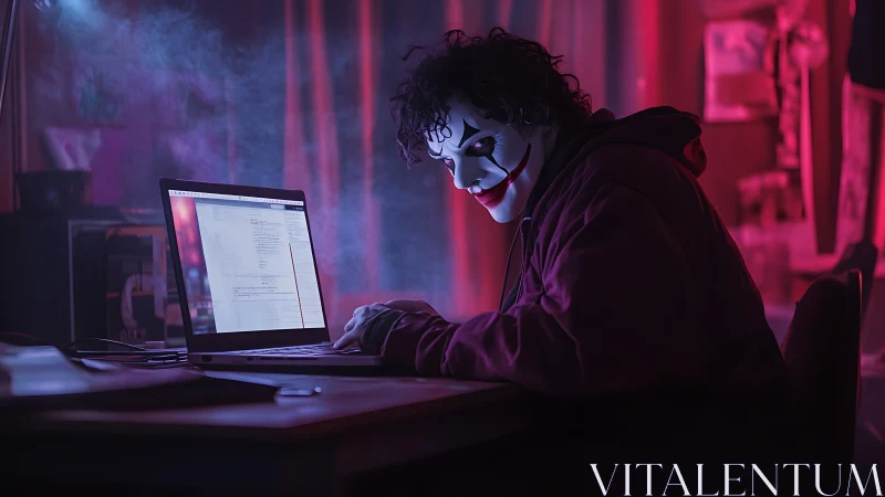 Masked hacker at laptop in dark neon lit room at night.