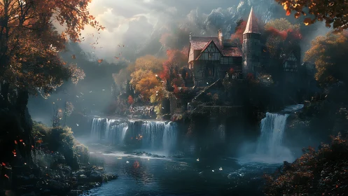 Fantasy riverside manor amid cascading mist and autumn forest.