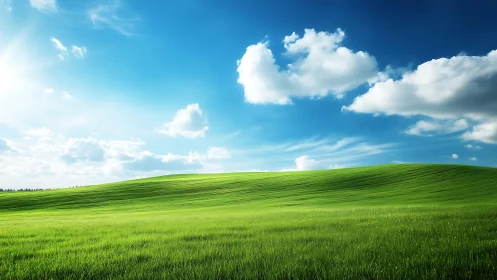 Sunlit green hills roll under a vast, tranquil blue sky