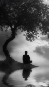 Monochrome silhouette meditating by tree over still water