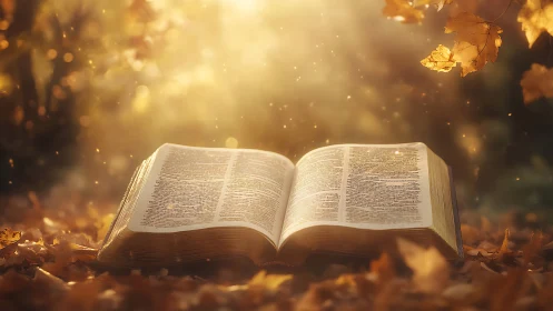 Golden leaves drift as an open book catches autumn light