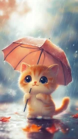 Cute Orange Kitten Holding Red Umbrella in Gentle Rainstorm