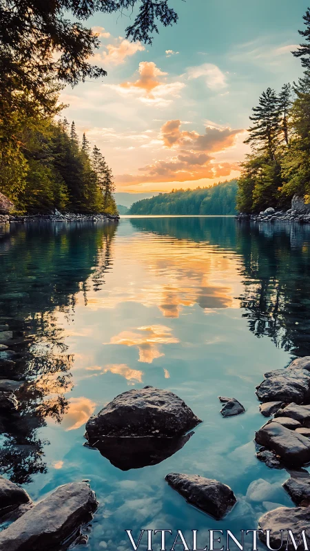Sunset lake corridor with mirrored clouds and pines.