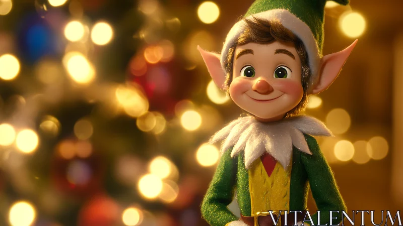 Smiling 3D Christmas elf character before defocused festive bokeh