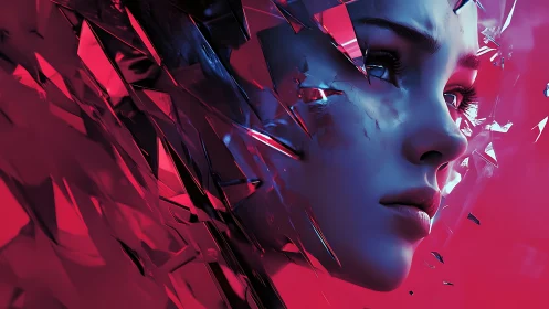 Shattered neon portrait of a serene cybernetic woman.
