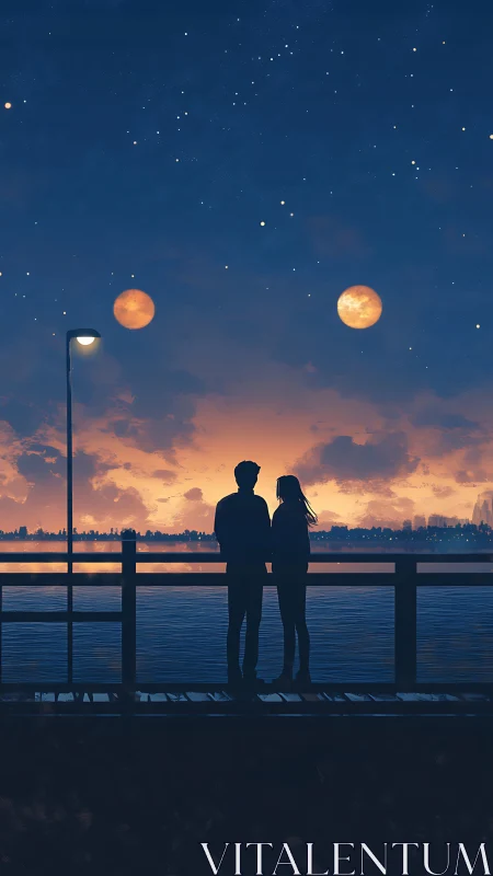 Two Figures Gazing at Twin Moons Over Water.