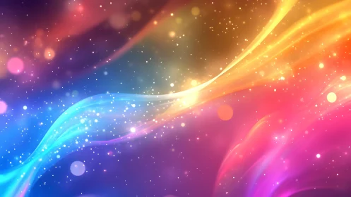 Colorful abstract light waves with glowing particles.
