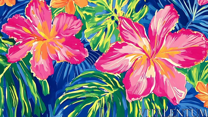 Pink tropical flowers on dense blue and green foliage.