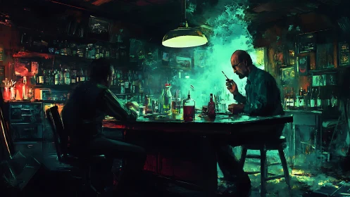 Noir laboratory meeting rendered in cinematic digital painting