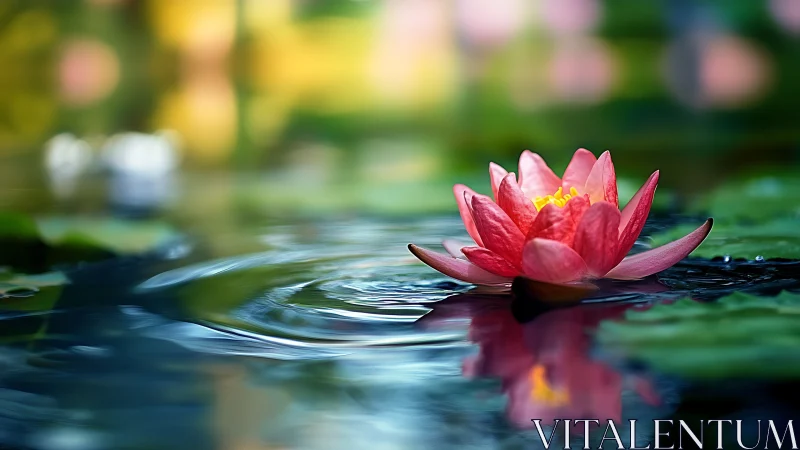 Pink water lily on calm pond surface with soft bokeh.