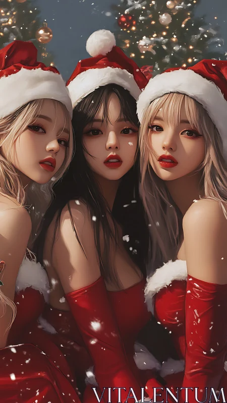 Three women in red Santa outfits before lit trees.