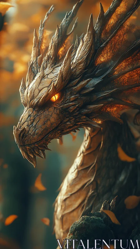 Fiery eyed dragon portrait in warm forest glow.