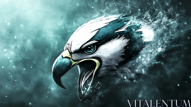 Fierce eagle digital art with dramatic smoky background effect.