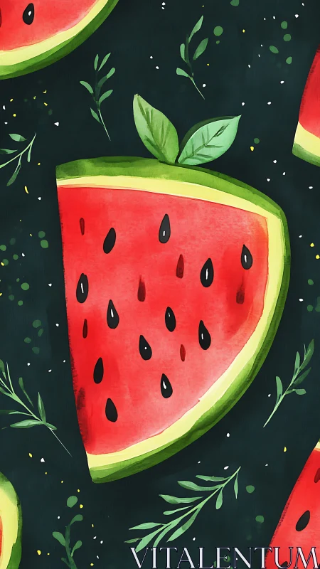 Watermelon slice pattern on dark green background.