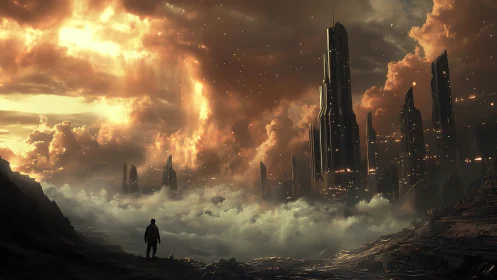 Lone figure approaches towering sci fi city in burning sky