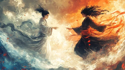 Water goddess confronts fire warrior across swirling elements