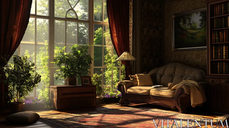 Sunlit garden window enriches a warm vintage reading nook.