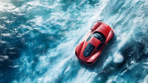 Red supercar gliding over turbulent teal ocean waters.
