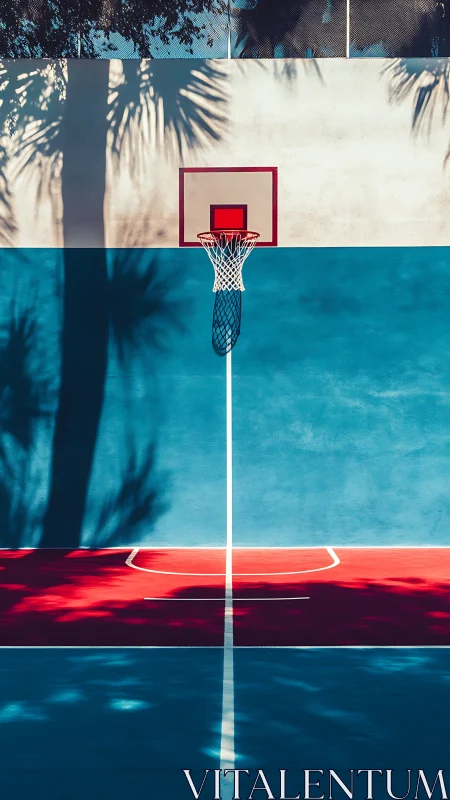 Sunlit court geometry where palm shadows guard the hoop.