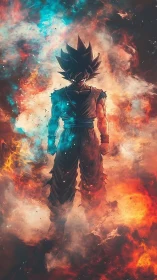 Cosmic warrior ignites amid twin storms of fire and nebulae.