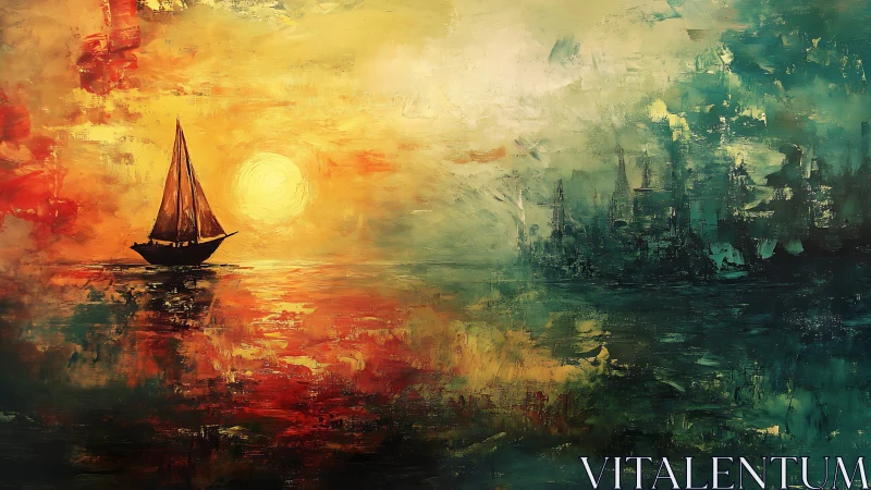 Solitary sailboat crosses a vivid abstract sunset seascape.