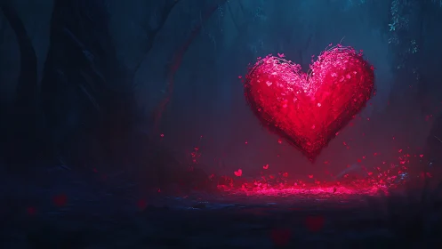 Luminescent Heart Floats in Dark Forest Mist.