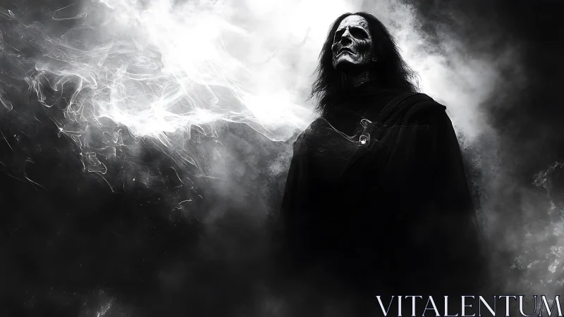 Hooded skeletal figure in dense monochrome smoke field.