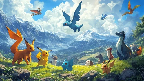 Pokemon creatures gather on alpine meadow under bright sky