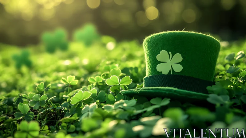 Green felt top hat resting in dense clover field at dusk.
