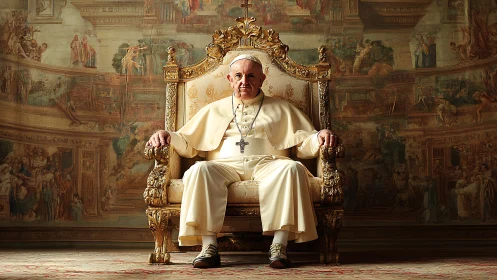 Elderly cleric in white robes seated on ornate gold throne.
