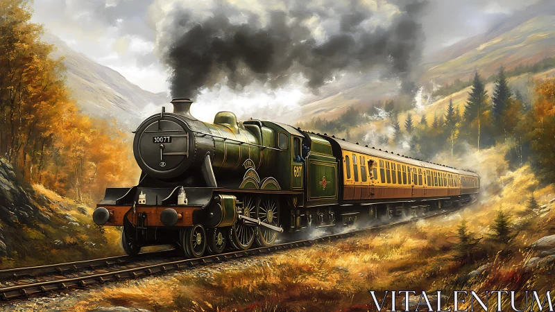 Steam train gliding through golden autumn mountain valley.