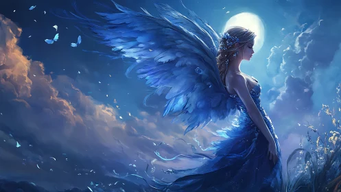 Nocturnal blue-winged seraph under backlit lunar halo.