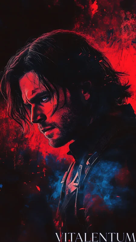 Brooding warrior carved in firelight and electric shadow.