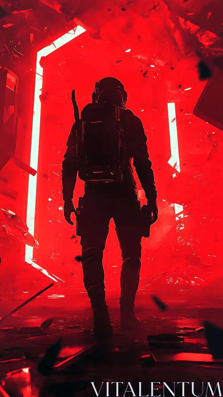 Backlit astronaut silhouette in red volumetric rupture field.