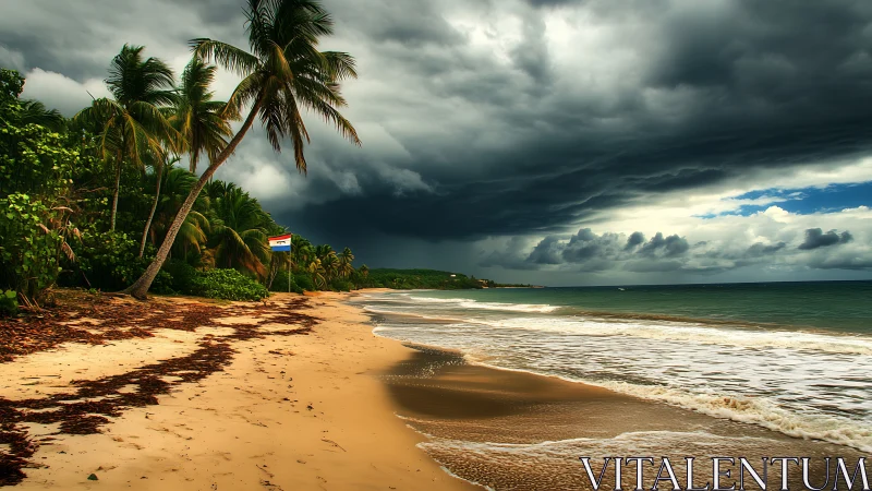 Photorealistic tropical shoreline under dramatic storm front.