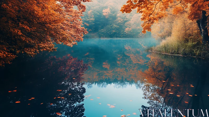 Autumn forest trees reflect sharply on calm blue lake surface