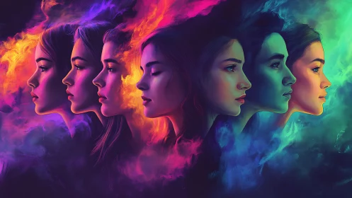 Surreal Portrait Series of Women in Vivid Neon Colors, Digital Art.