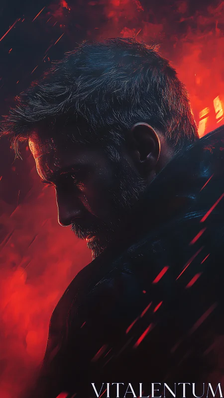 Side profile of male figure in red illuminated smoke.