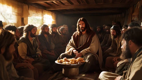 Teacher in robe shares bread with followers indoors.