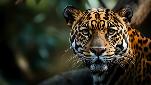 Jaguar Portrait with Intense Gaze and Spotted Coat.